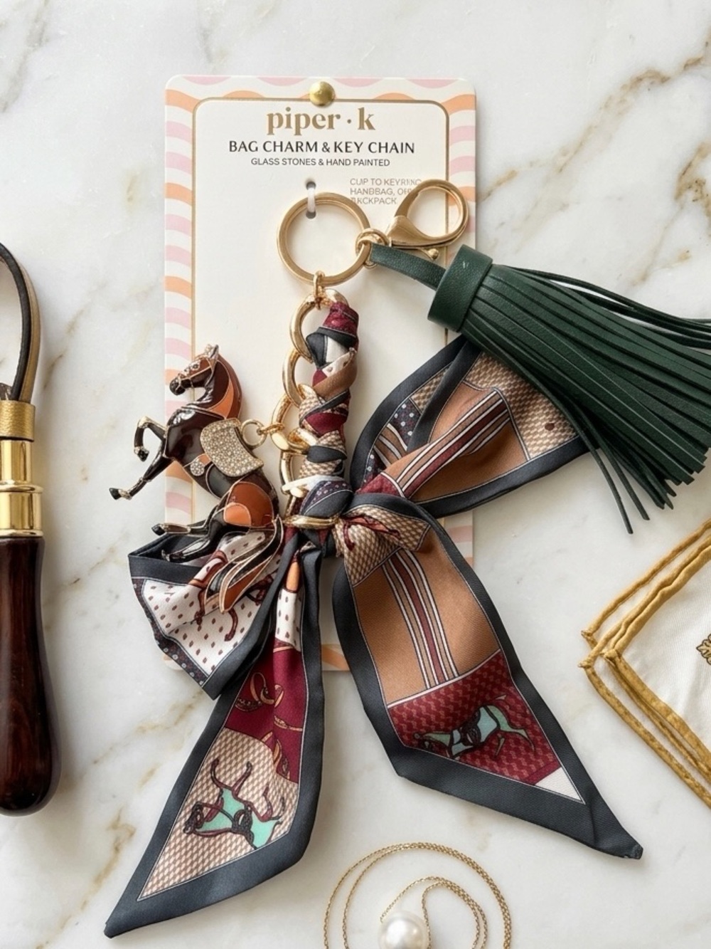 Piper K Equestrian Bag Charm Keychain Tassel Bow Scarf Horse Charm gift for her